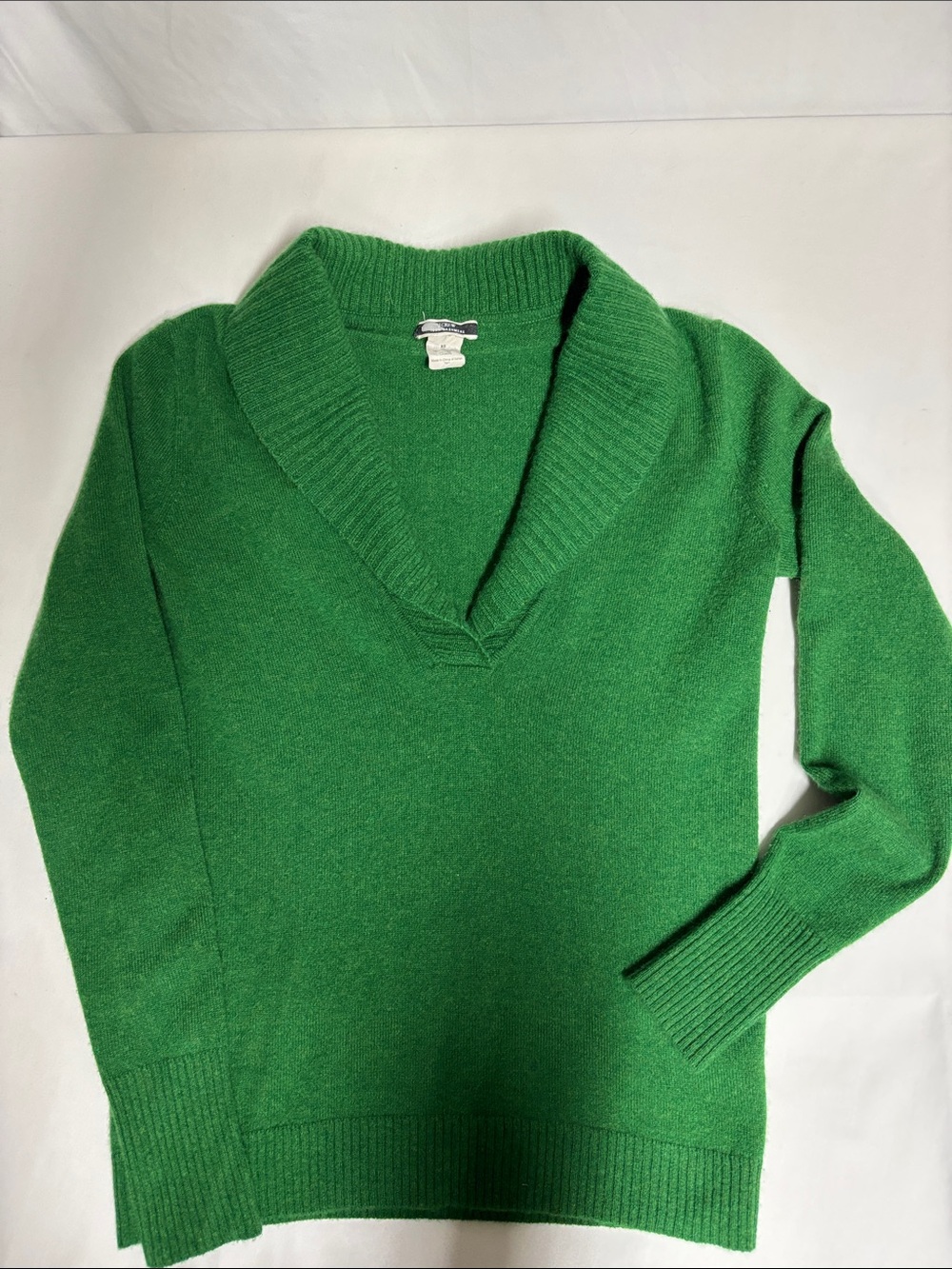 J.Crew 100% Cashmere Sweater XS Green Shawl Collar V Neck Italian Yarn